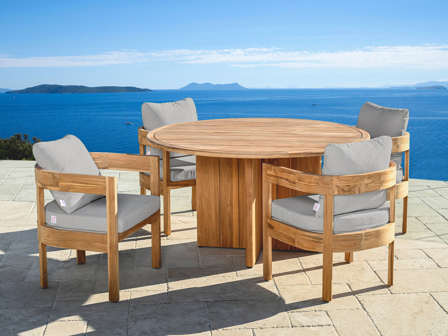 Santino® Outdoor 5-Piece Round Dining Set - Gray Fabric with Teak Frame