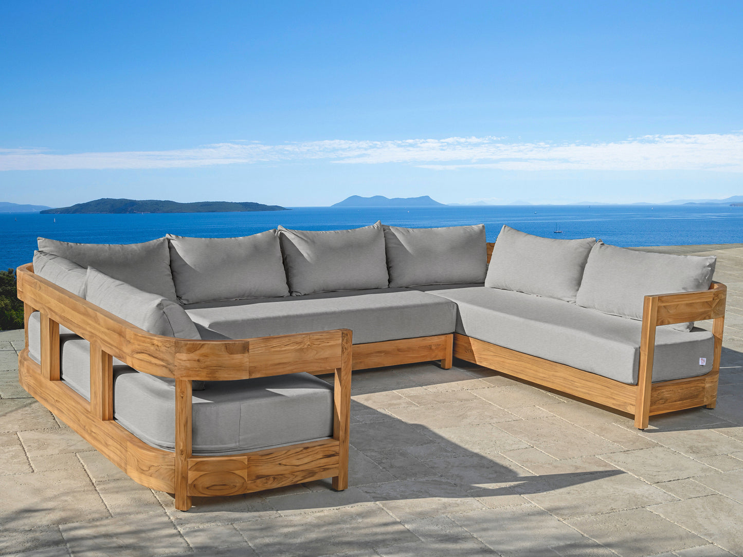 Santino® Outdoor 3-Piece U Shaped Sectional - Gray Fabric with Teak Frame