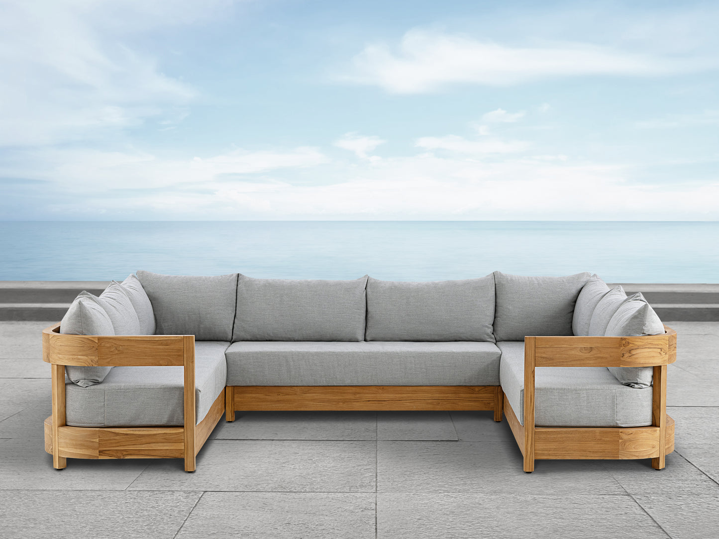Santino® Outdoor 3-Piece U Shaped Sectional - Gray Fabric with Teak Frame