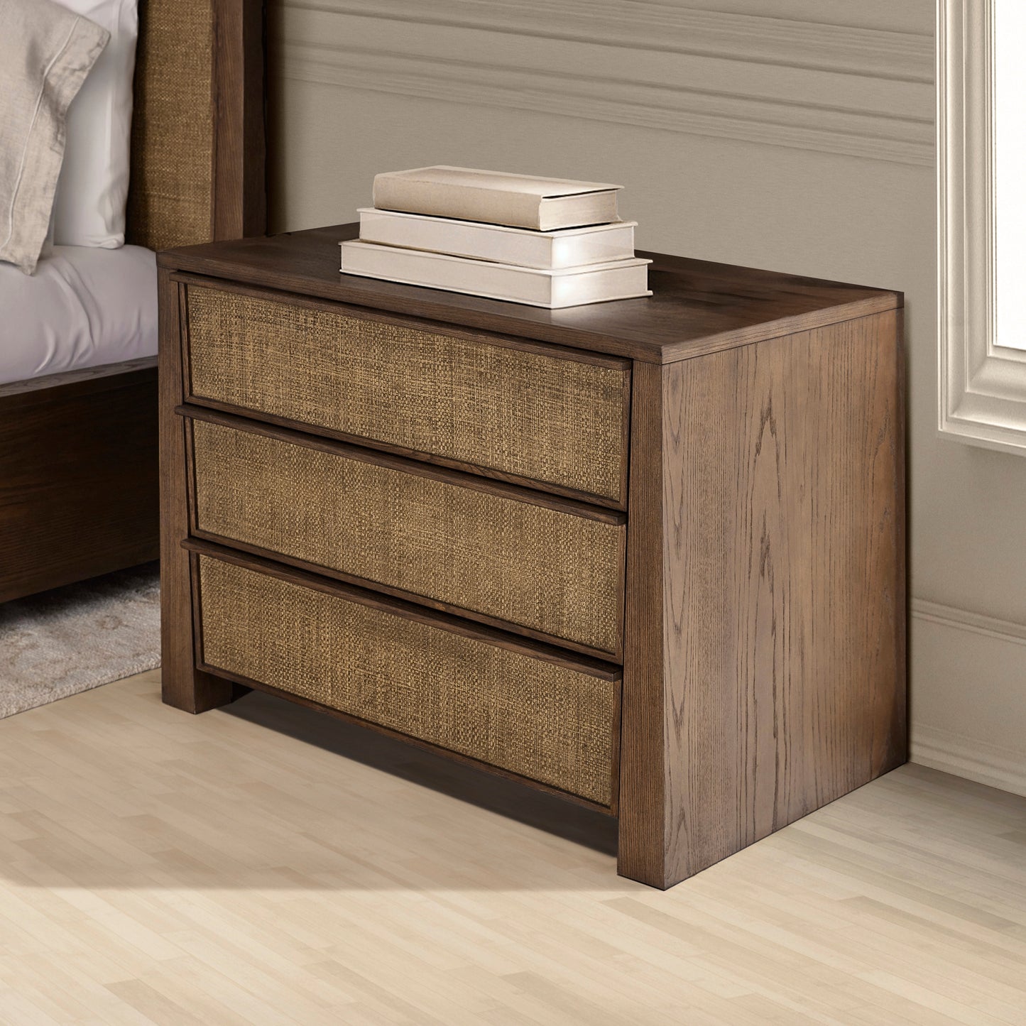 JoJo Fletcher Sawyer Oak & Grasscloth 3-Drawer Nightstand, Brown