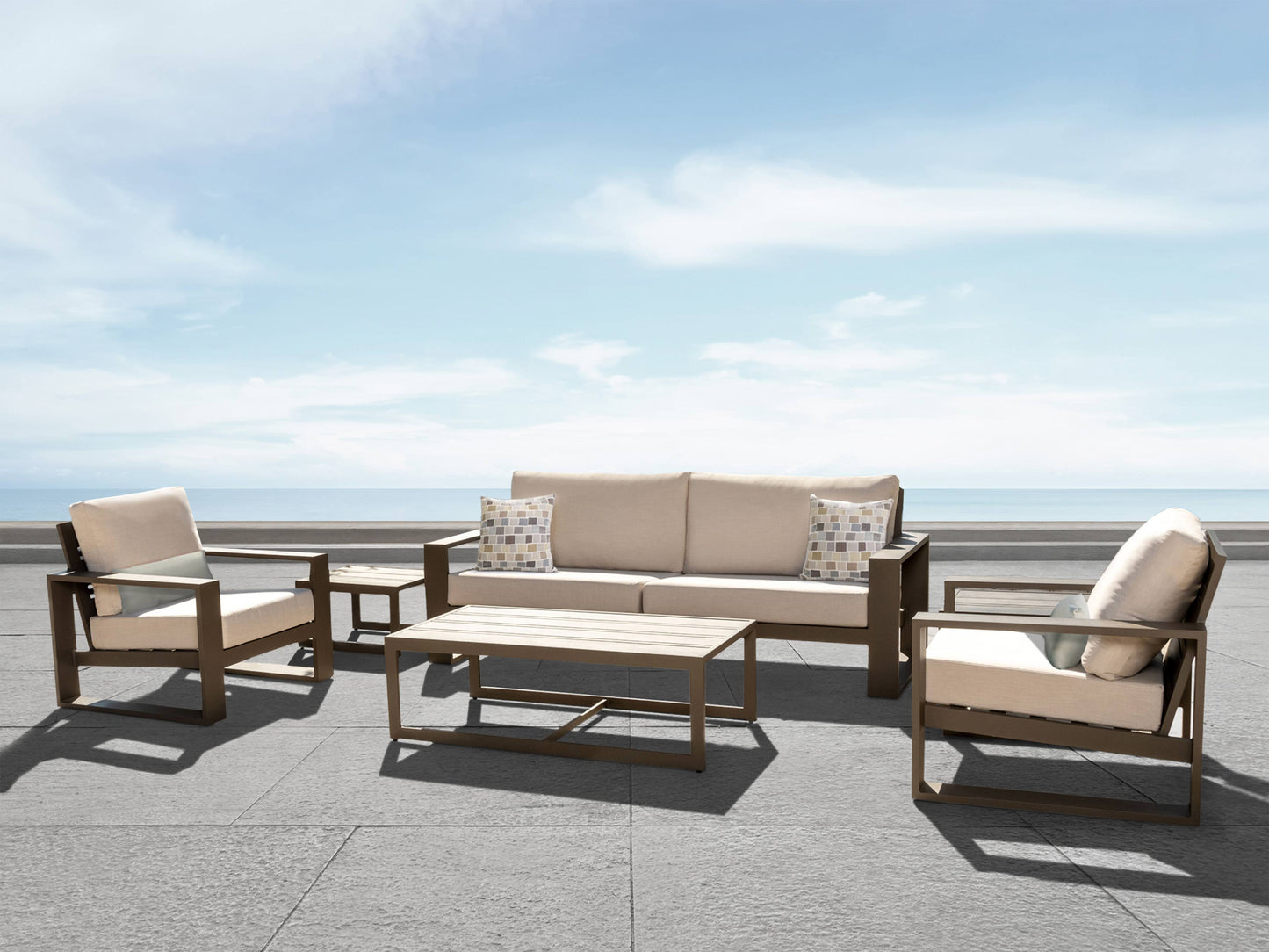 Torren Outdoor Sofa, Beige Fabric with Bronze Aluminum Frame