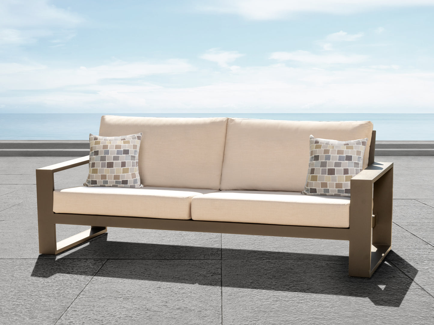 Torren Outdoor Sofa, Beige Fabric with Bronze Aluminum Frame