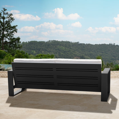 Torren Outdoor Sofa, White Fabric with Black Aluminum Frame