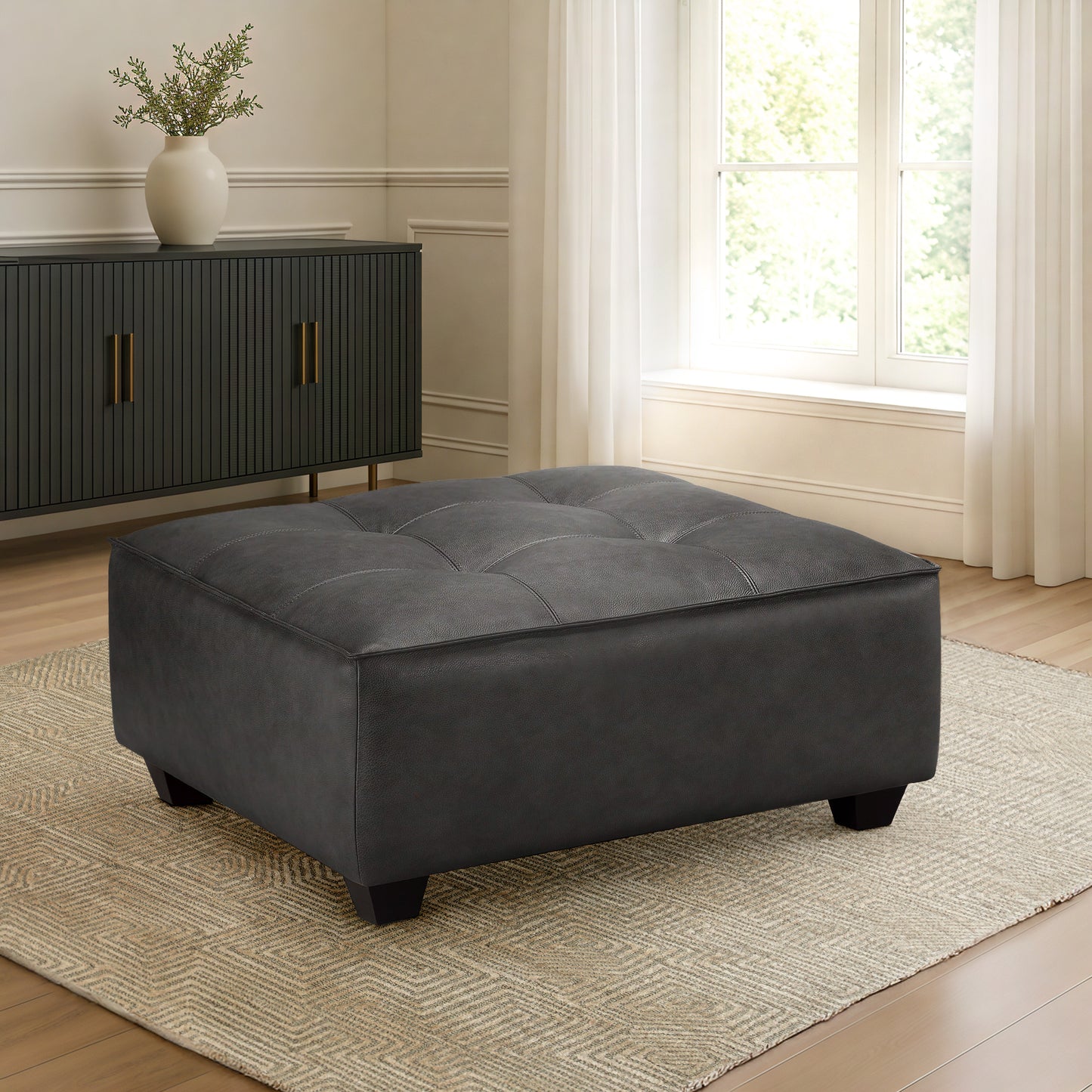 Wallingford Top Grain Leather Ottoman, Dark Gray