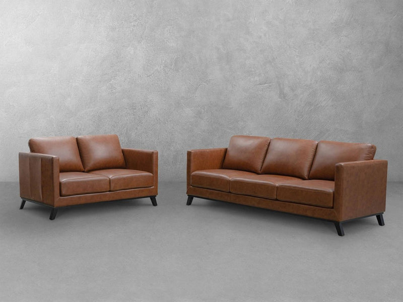 Woodstock Mid Century Top Grain Leather Sofa and Loveseat Set