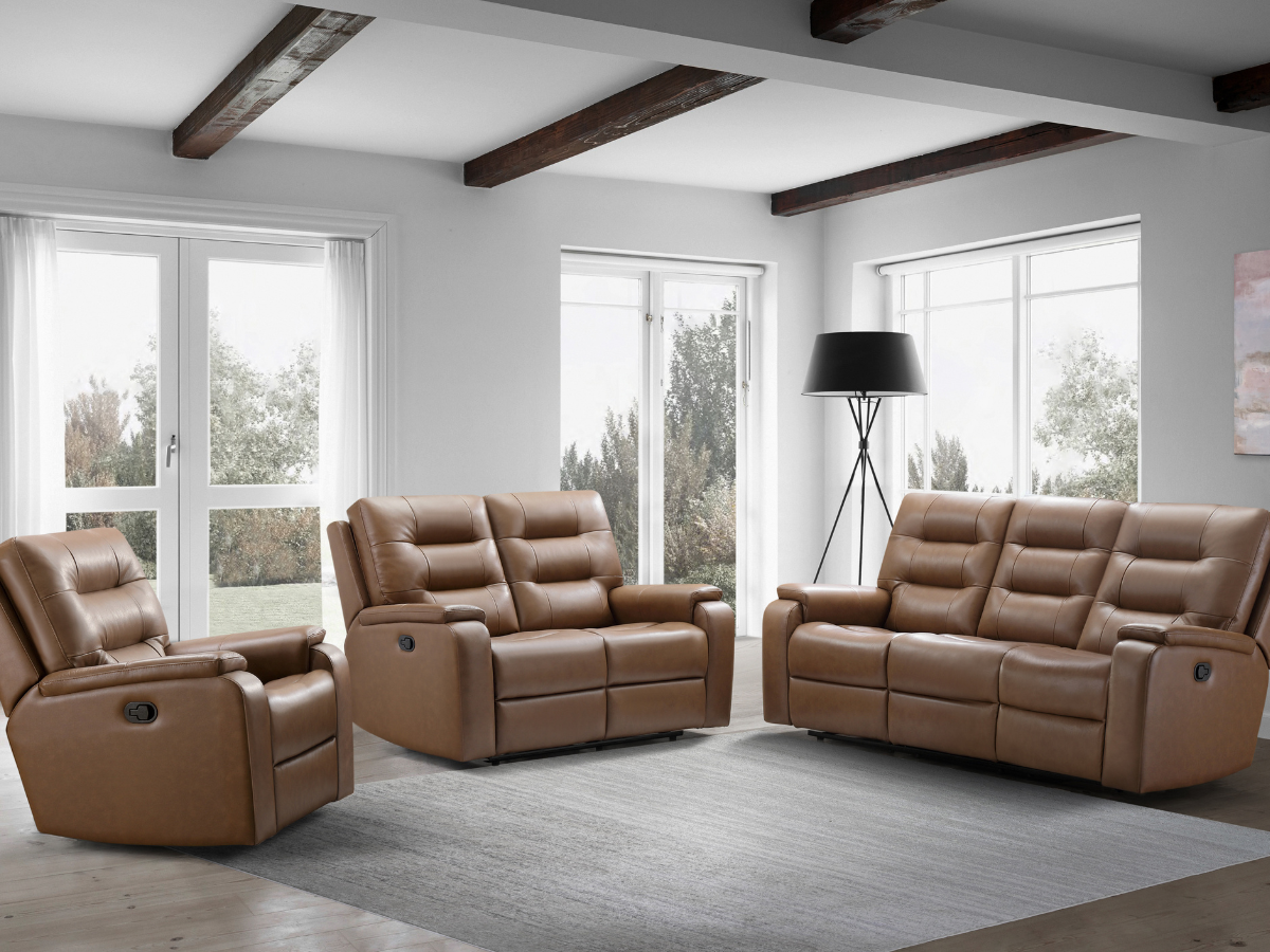 220926 Waylen Top Grain Leather Reclining 3 Piece Set Camel Camel