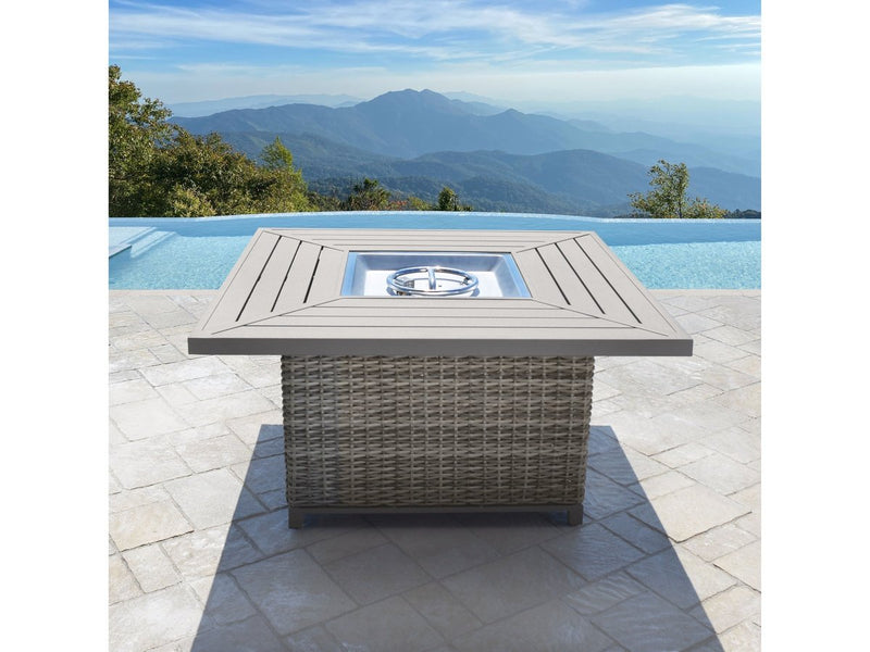 Corbin Fire Table, Spa Blue Fabric, Beige Frame & Beige Top