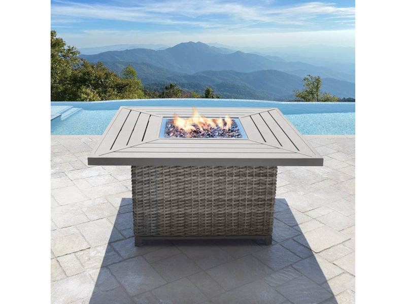 Corbin Fire Table, Spa Blue Fabric, Beige Frame & Beige Top